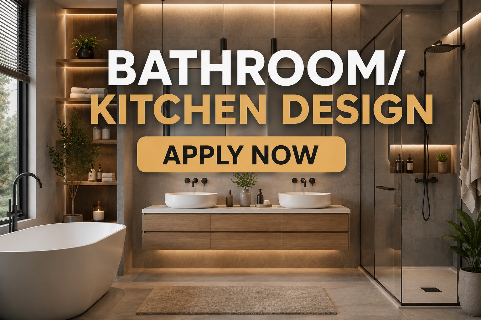 Luxurious bathroom with bold ad text: 'BATHROOM/KITCHEN DESIGN' and 'APPLY NOW'